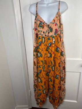 Anthropologie 1X Peach and Mustard Floral Spaghetti-Strap Jumpsuit